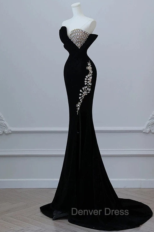 Modest Mermaid Strapless Black Long Floor Length Beads Prom Dresses Secondary image