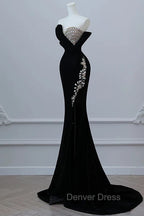 Modest Mermaid Strapless Black Long Floor Length Beads Prom Dresses