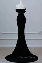 Modest Mermaid Strapless Black Long Floor Length Beads Prom Dresses