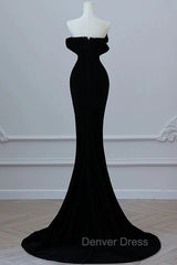 Modest Mermaid Strapless Black Long Floor Length Beads Prom Dresses