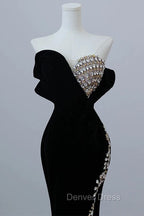 Modest Mermaid Strapless Black Long Floor Length Beads Prom Dresses