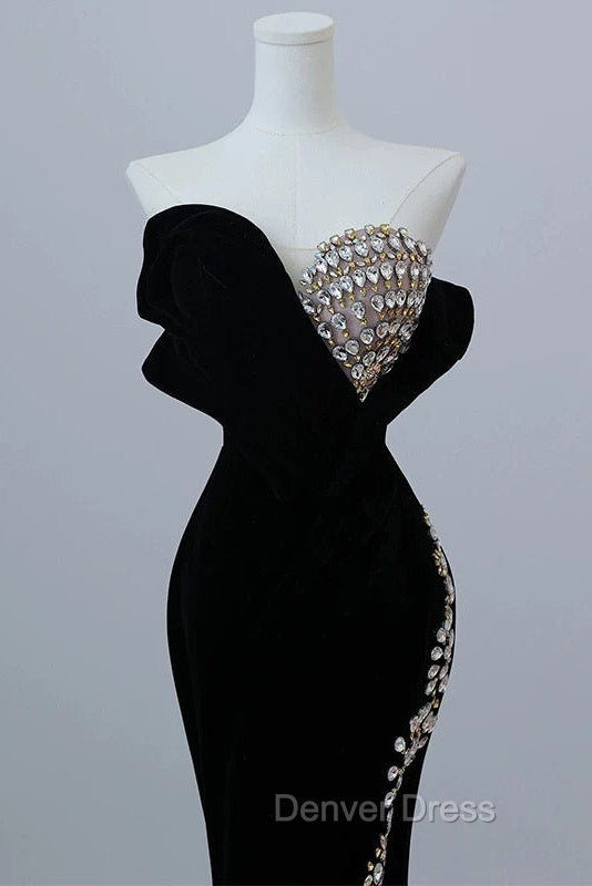 Modest Mermaid Strapless Black Long Floor Length Beads Prom Dresses