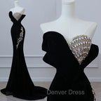 Modest Mermaid Strapless Black Long Floor Length Beads Prom Dresses