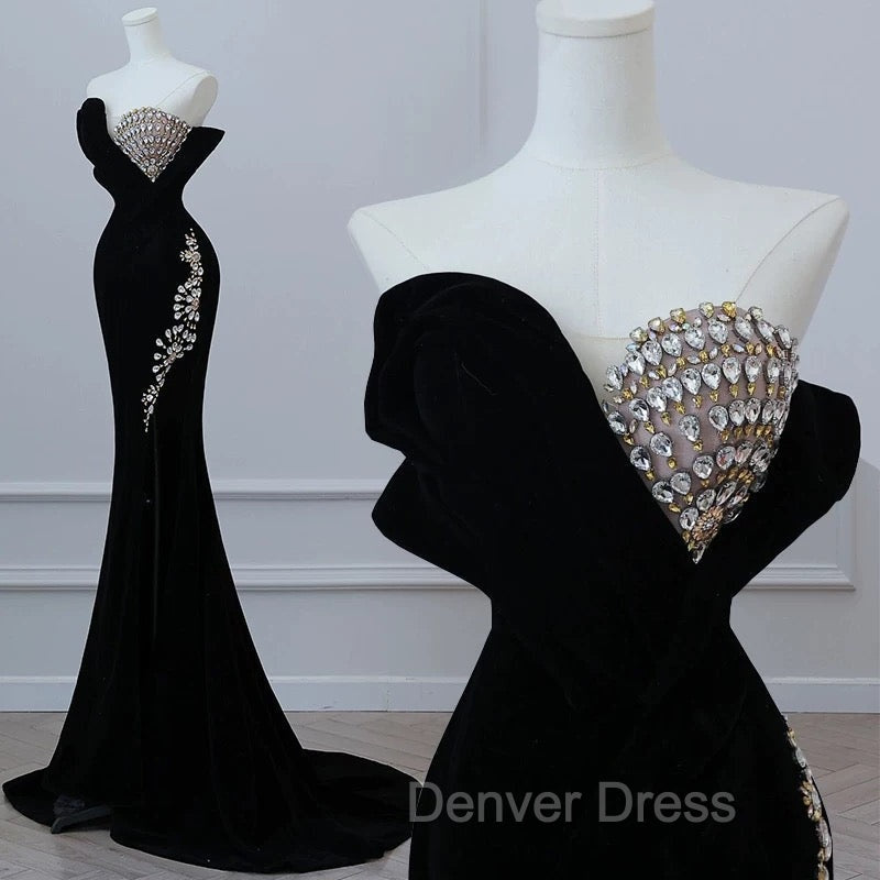 Modest Mermaid Strapless Black Long Floor Length Beads Prom Dresses