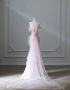 Modest Mermaid Strapless Pink Tulle Flowers Prom Dress Long Prom Dresses