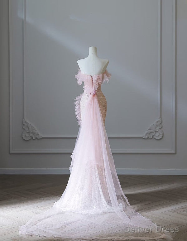 Modest Mermaid Strapless Pink Tulle Flowers Prom Dress Long Prom Dresses