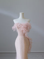 Modest Mermaid Strapless Pink Tulle Flowers Prom Dress Long Prom Dresses