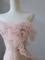 Modest Mermaid Strapless Pink Tulle Flowers Prom Dress Long Prom Dresses