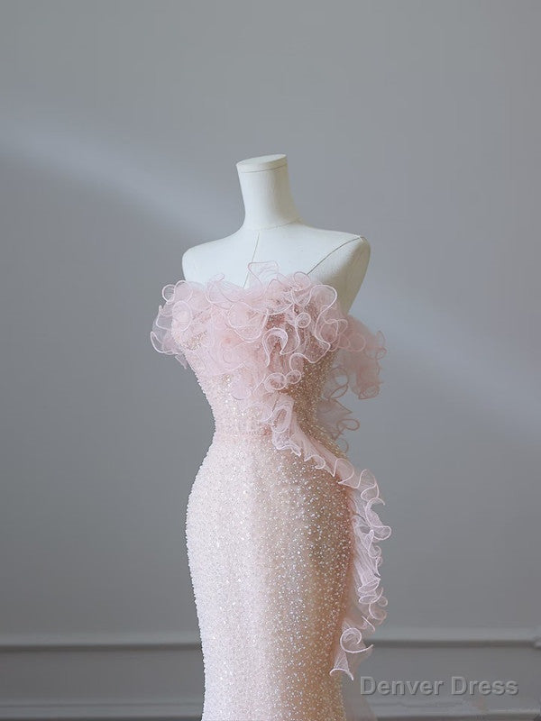 Modest Mermaid Strapless Pink Tulle Flowers Prom Dress Long Prom Dresses
