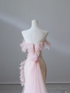 Modest Mermaid Strapless Pink Tulle Flowers Prom Dress Long Prom Dresses