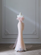 Modest Mermaid Strapless Pink Tulle Flowers Prom Dress Long Prom Dresses