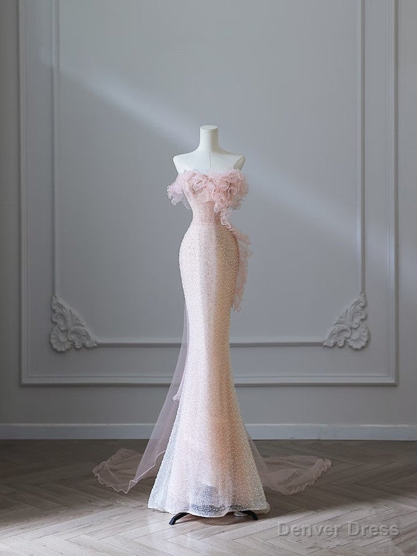 Modest Mermaid Strapless Pink Tulle Flowers Prom Dress Long Prom Dresses