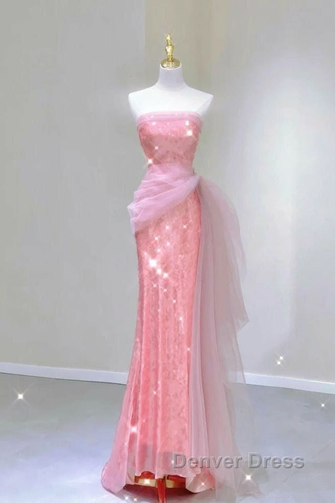 Modest Mermaid Strapless Pink Tulle Ruffles Long Party Dresses Prom Dresses Secondary image