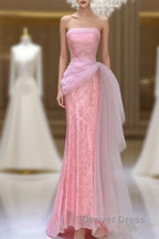 Modest Mermaid Strapless Pink Tulle Ruffles Long Party Dresses Prom Dresses