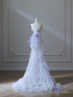 Modest Mermaid Strapless Tulle Flowers Prom Dress Long Prom Dresses