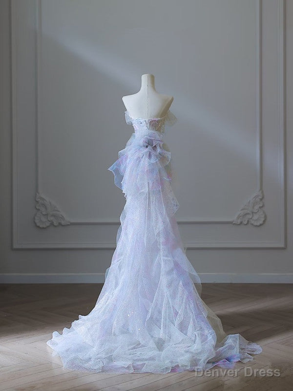 Modest Mermaid Strapless Tulle Flowers Prom Dress Long Prom Dresses