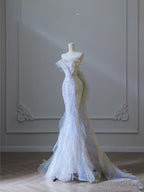 Modest Mermaid Strapless Tulle Flowers Prom Dress Long Prom Dresses