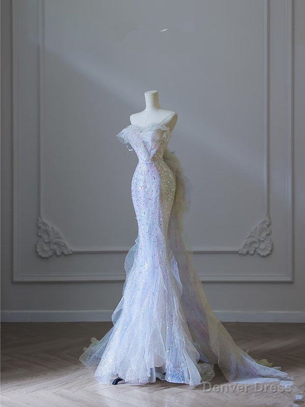 Modest Mermaid Strapless Tulle Flowers Prom Dress Long Prom Dresses