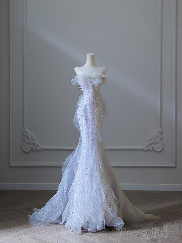 Modest Mermaid Strapless Tulle Flowers Prom Dress Long Prom Dresses Main image