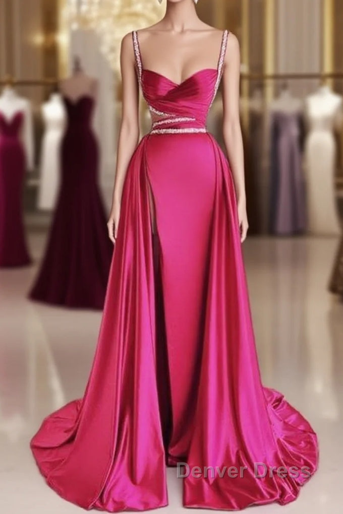 Modest Mermaid Straps Long Hot Pink Slit Satin Prom Dresses Main image