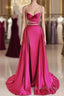 Modest Mermaid Straps Long Hot Pink Slit Satin Prom Dresses