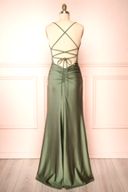 Modest Mermaid Straps Sage Green Slit Long Prom Dresses