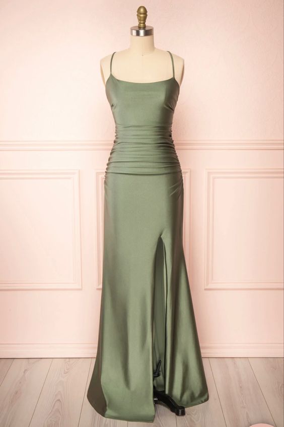 Modest Mermaid Straps Sage Green Slit Long Prom Dresses Main image
