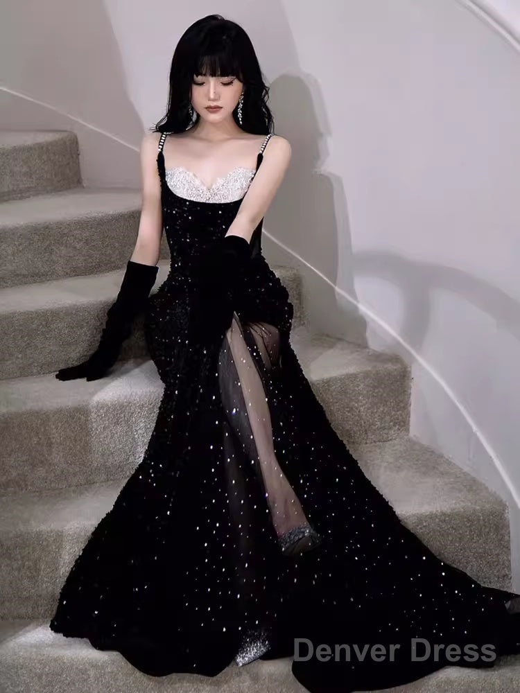 Modest Mermaid Straps Sleeveless Long Black Sequin Prom Dress Secondary image