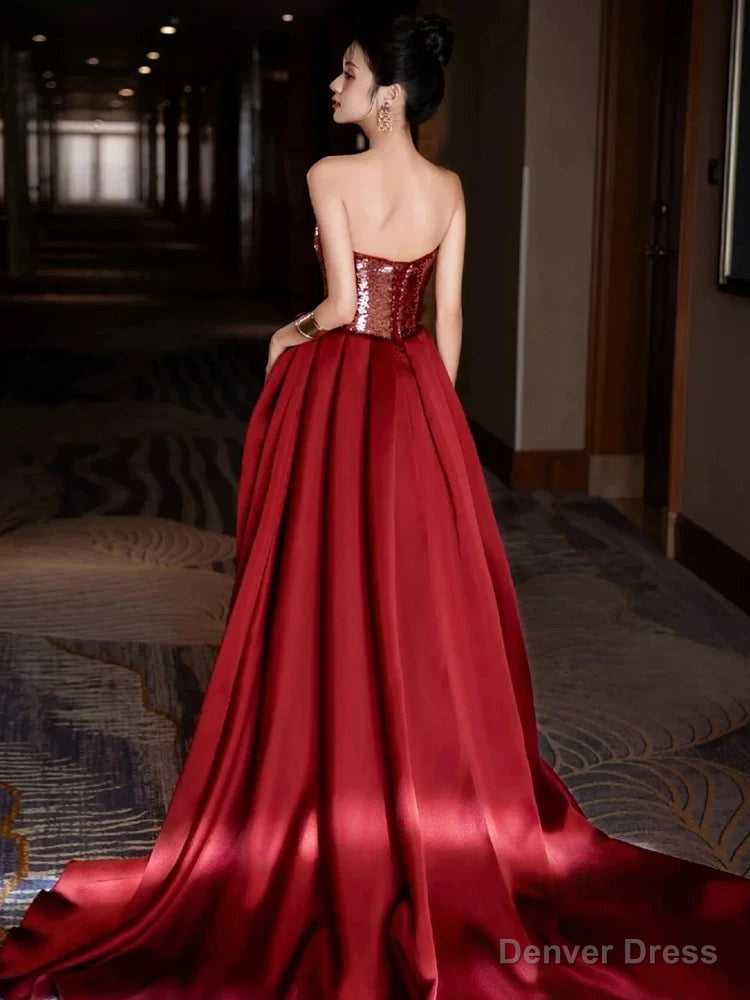 Modest Mermaid Sweetheart Burgundy Floor Length Prom Dress Sequin Prom Dresses