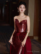 Modest Mermaid Sweetheart Burgundy Floor Length Prom Dress Sequin Prom Dresses
