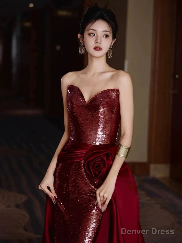 Modest Mermaid Sweetheart Burgundy Floor Length Prom Dress Sequin Prom Dresses