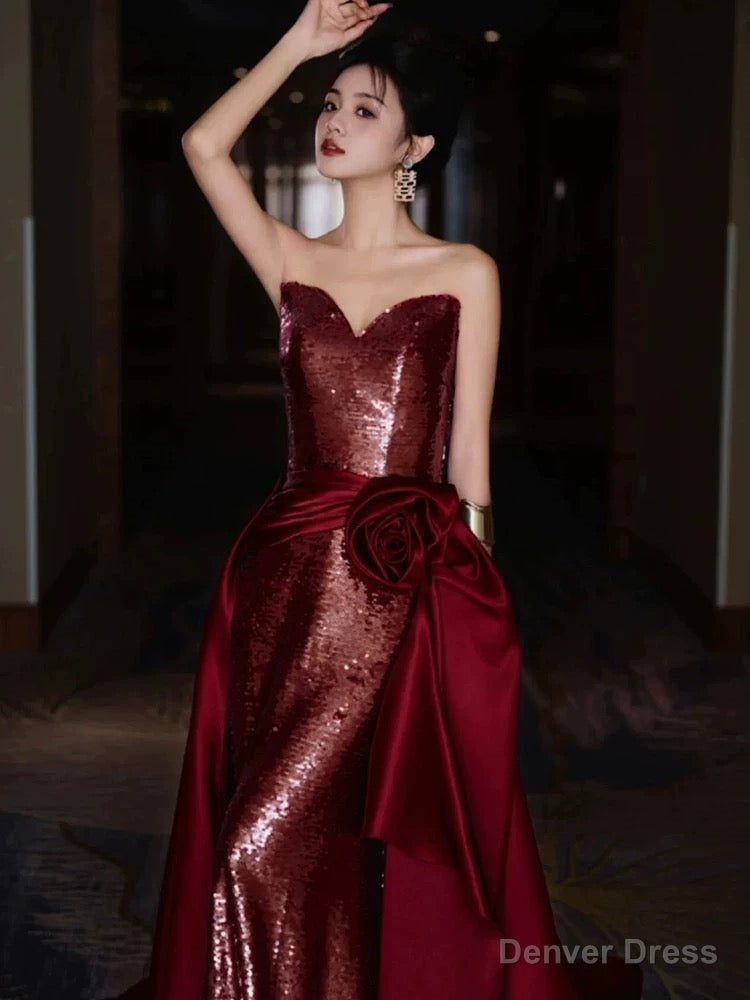 Modest Mermaid Sweetheart Burgundy Floor Length Prom Dress Sequin Prom Dresses