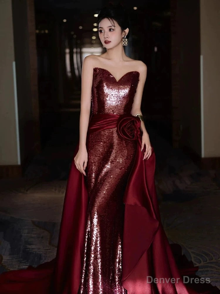 Modest Mermaid Sweetheart Burgundy Floor Length Prom Dress Sequin Prom Dresses Main image