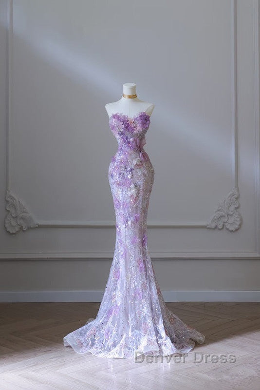 Modest Mermaid Sweetheart Lilac Tulle Sequin Flowers Evening Dresses Long Prom Dresses Secondary image