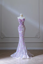 Modest Mermaid Sweetheart Lilac Tulle Sequin Flowers Evening Dresses Long Prom Dresses