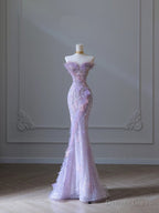 Modest Mermaid Sweetheart Lilac Tulle Sequin Flowers Prom Dress
