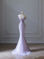 Modest Mermaid Sweetheart Lilac Tulle Sequin Flowers Prom Dress