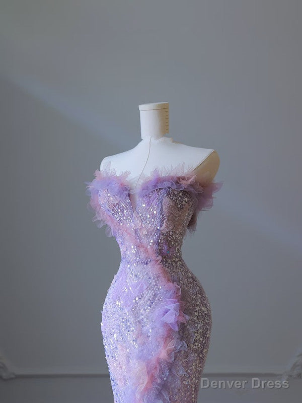 Modest Mermaid Sweetheart Lilac Tulle Sequin Flowers Prom Dress