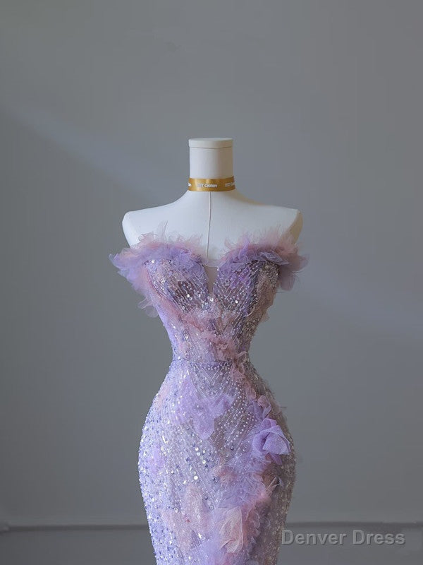 Modest Mermaid Sweetheart Lilac Tulle Sequin Flowers Prom Dress