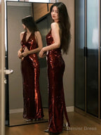 Modest Mermaid V Neckline Burgundy Floor Length Prom Dress Sequin Prom Dresses