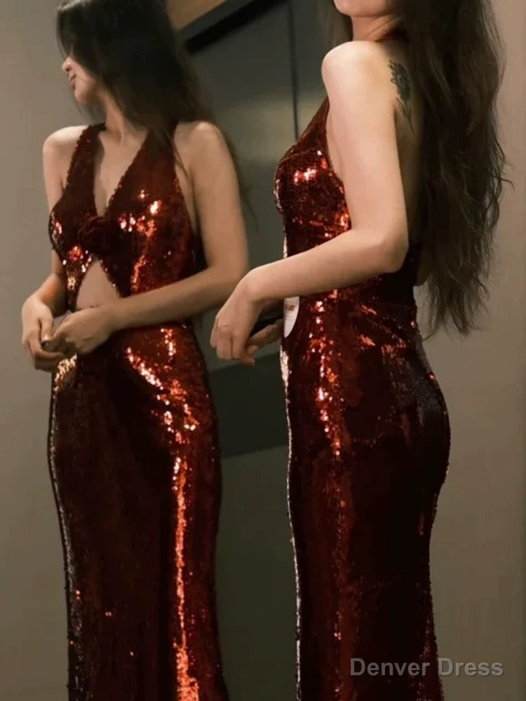 Modest Mermaid V Neckline Burgundy Floor Length Prom Dress Sequin Prom Dresses