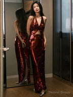 Modest Mermaid V Neckline Burgundy Floor Length Prom Dress Sequin Prom Dresses