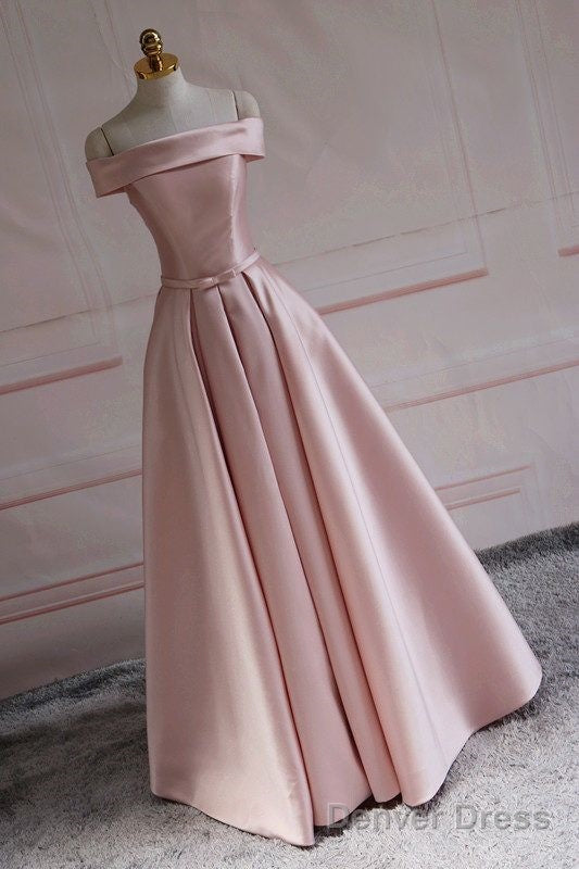 Modest Pink Satin Off The Shoulder Long Bridesmaid Dress Prom Dresses