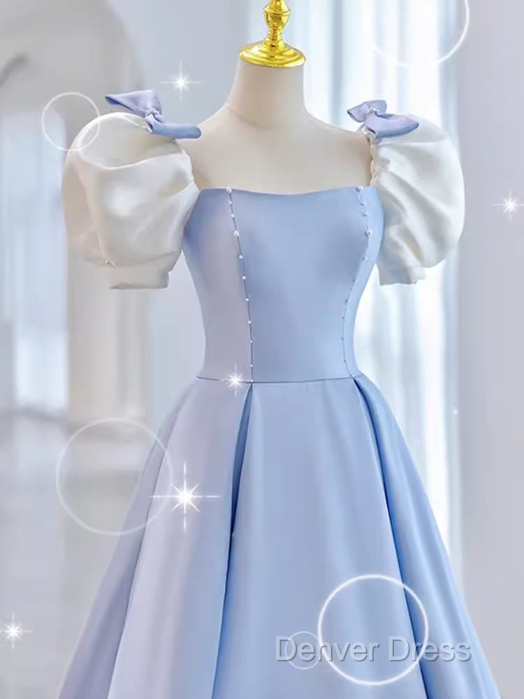 Modest Princess Short Sleeves Long Blue Satin Prom Dresses Secondary image