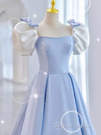 Modest Princess Short Sleeves Long Blue Satin Prom Dresses