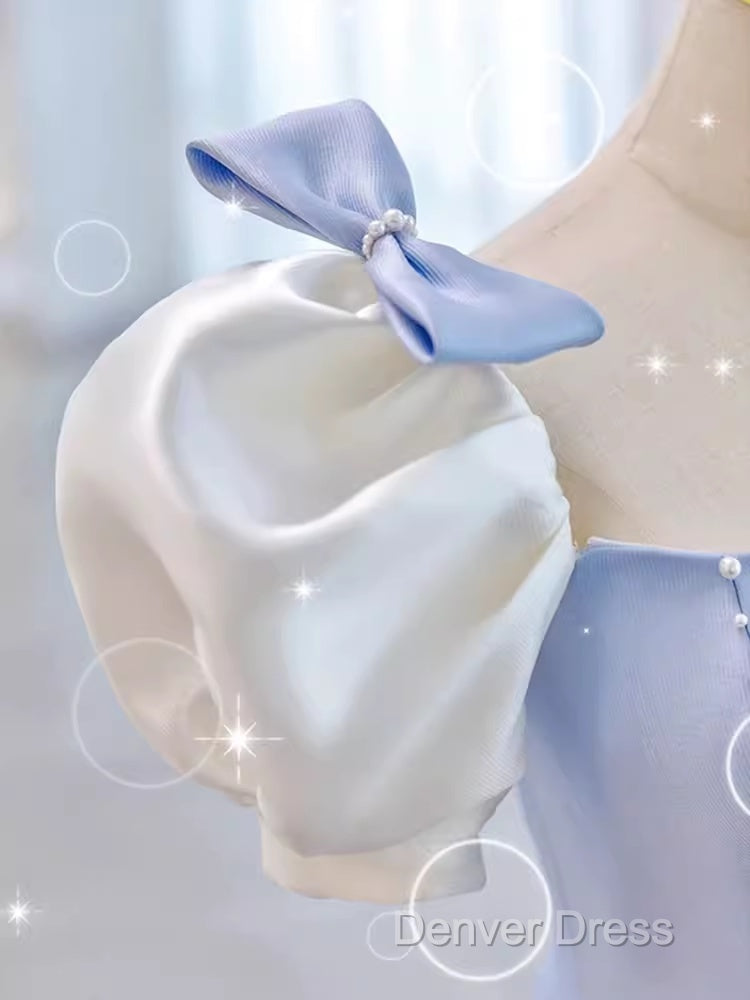 Modest Princess Short Sleeves Long Blue Satin Prom Dresses