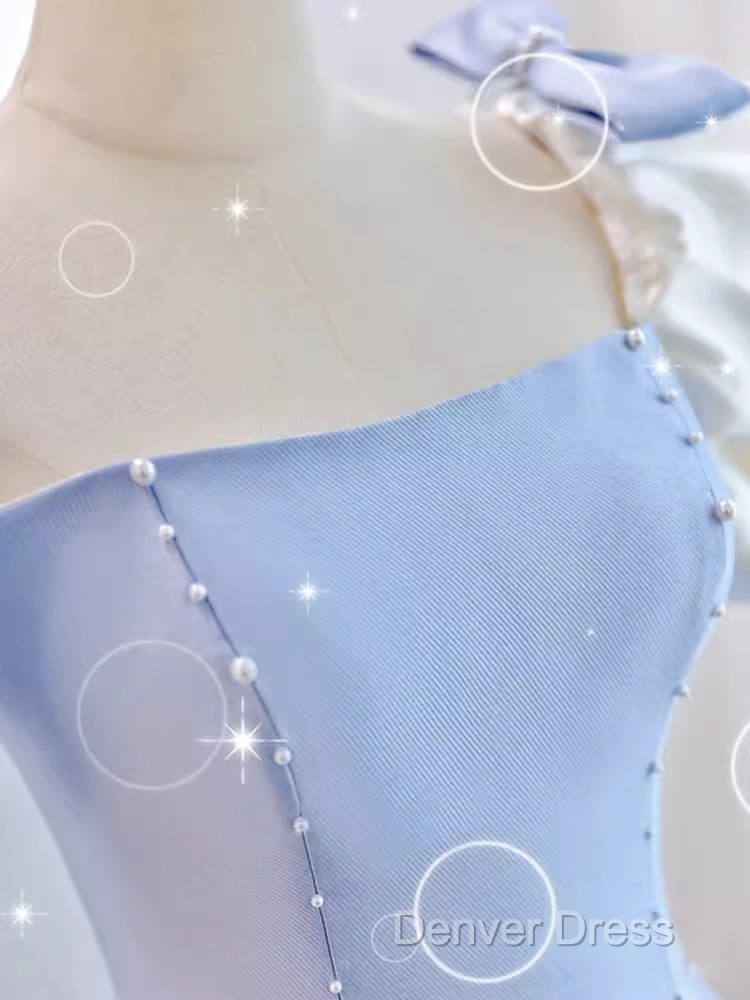 Modest Princess Short Sleeves Long Blue Satin Prom Dresses