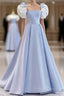 Modest Princess Short Sleeves Long Blue Satin Prom Dresses
