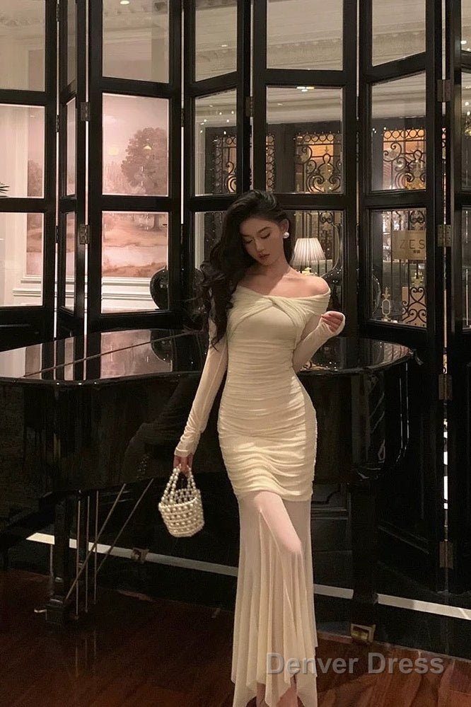 Modest Sheath Off The Shoulder Long Sleeves Beige Prom Dresses Evening Dress