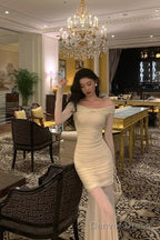 Modest Sheath Off The Shoulder Long Sleeves Beige Prom Dresses Evening Dress